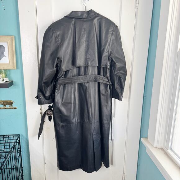 Vintage Etienne Aigner 100% Leather Trenchcoat Long Belted Black Size Medium M - Picture 13 of 16
